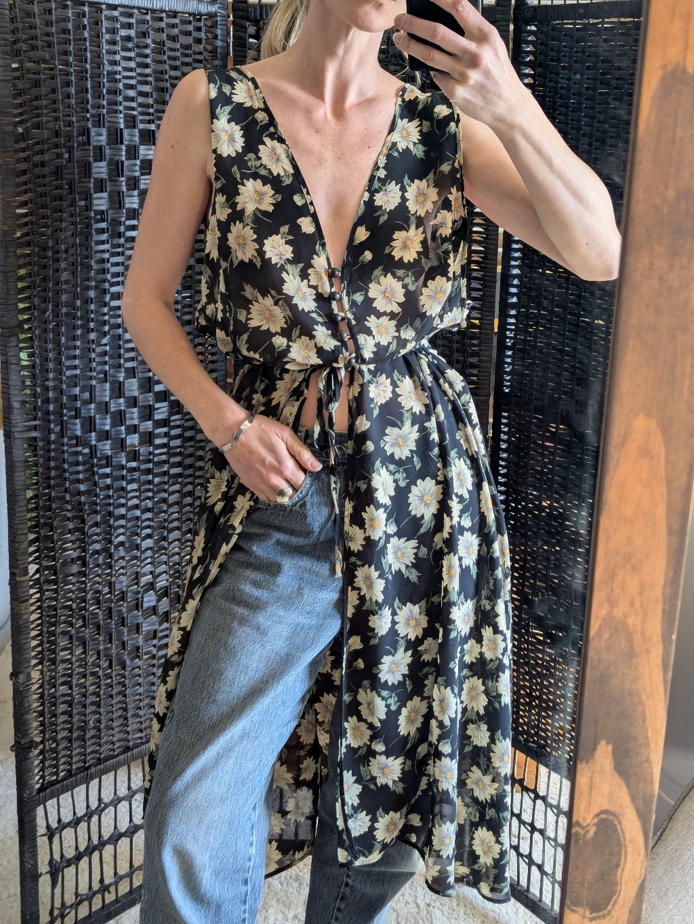 Vintage 1990s Grunge style, black floral Sheer Chiffon Maxi Blouse. Plus size